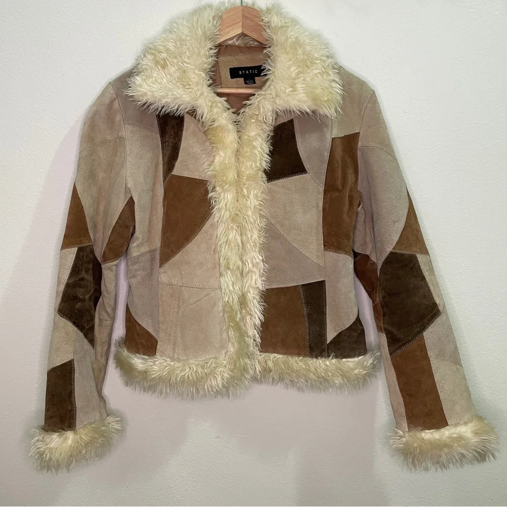 Vintage STATIC Genuine Suede Leather Patchwork Faux Fur Trim Jacket - Brown/Tan - Picture 1 of 16